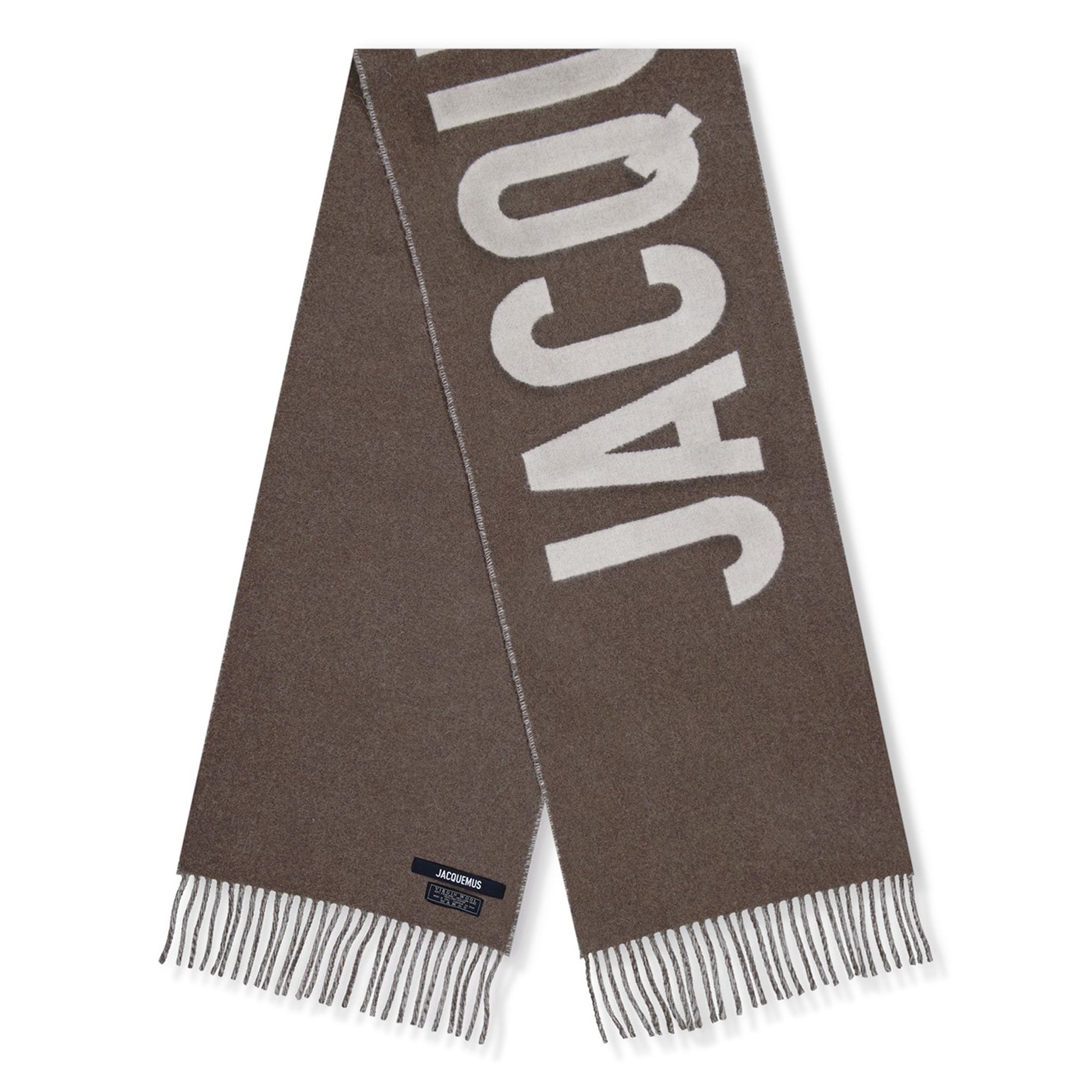 Top view of Jacquemus L'echarpe Fringe Logo Multi-Brown Scarf